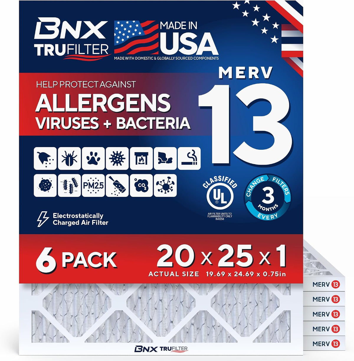 BNX TruFilter 20x25x1 Air Filter MERV 13 HVAC Furnace & AC Filter, 6-Pack