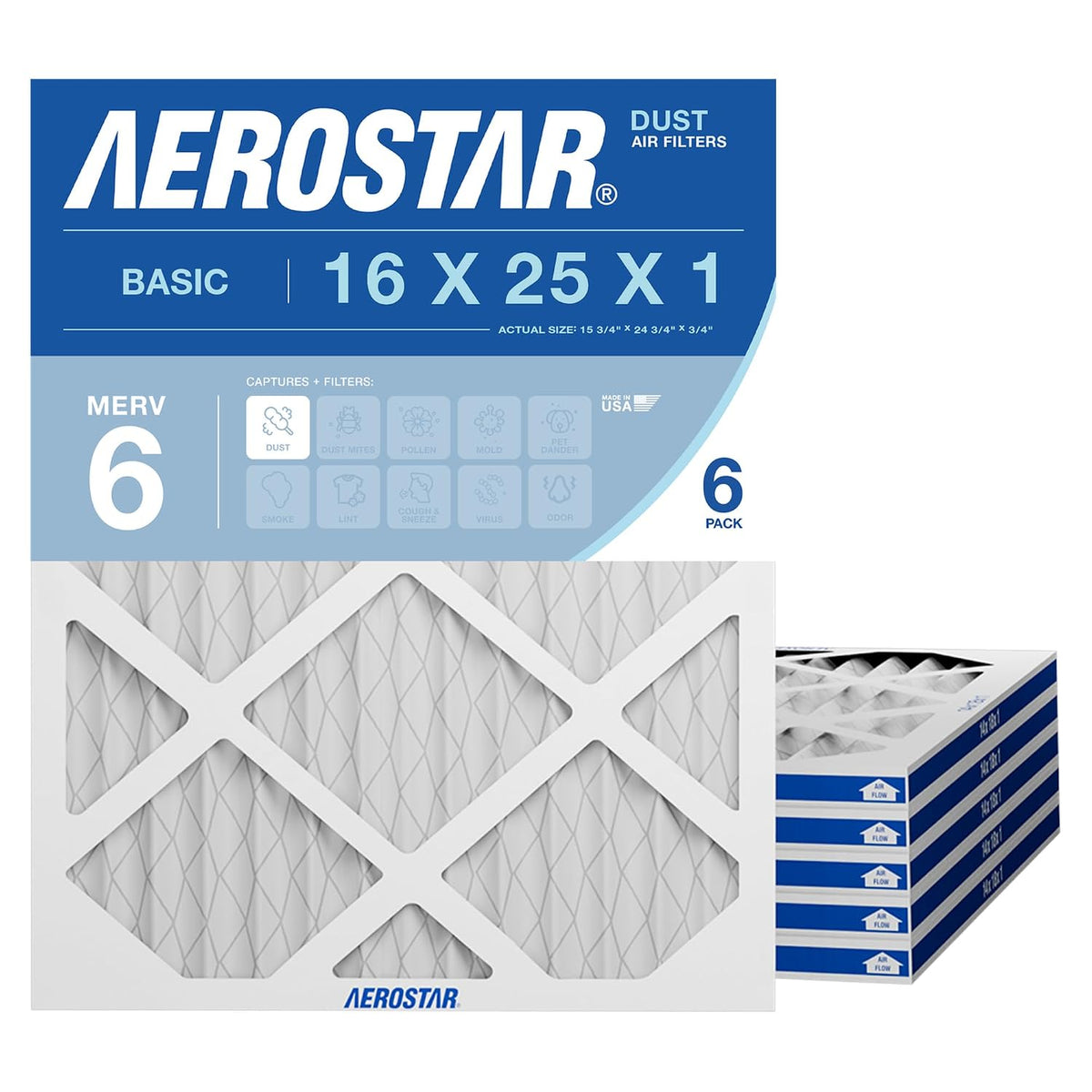 Aerostar 16x25x1 MERV 6 Pleated Air Filter, AC Furnace Air Filter, 6 Pack