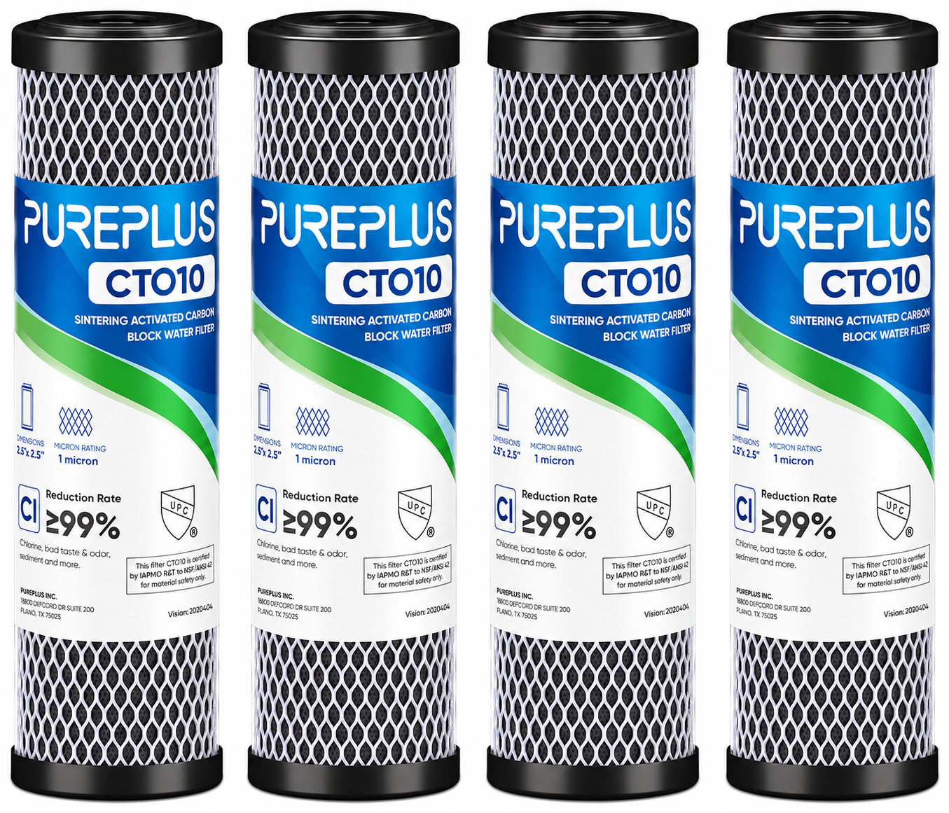PUREPLUS 1 Micron 2.5" x 10" Whole House CTO Carbon Water Filter Cartridge – 4 Pack