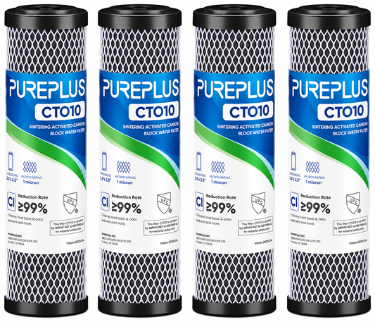 PUREPLUS 1 Micron 2.5" x 10" Whole House CTO Carbon Water Filter Cartridge – 4 Pack