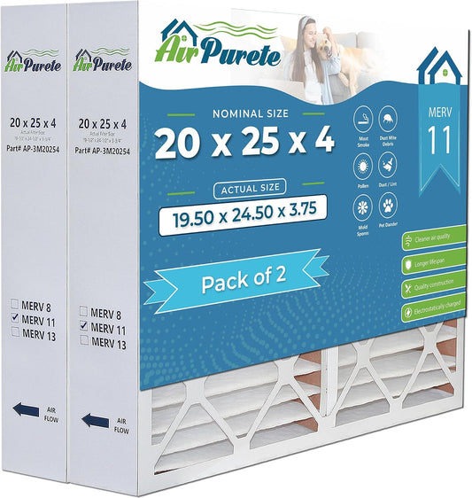 AirPurete 20x25x4 MERV 11 Pleated HVAC Furnace Air Filter, 2 Pack