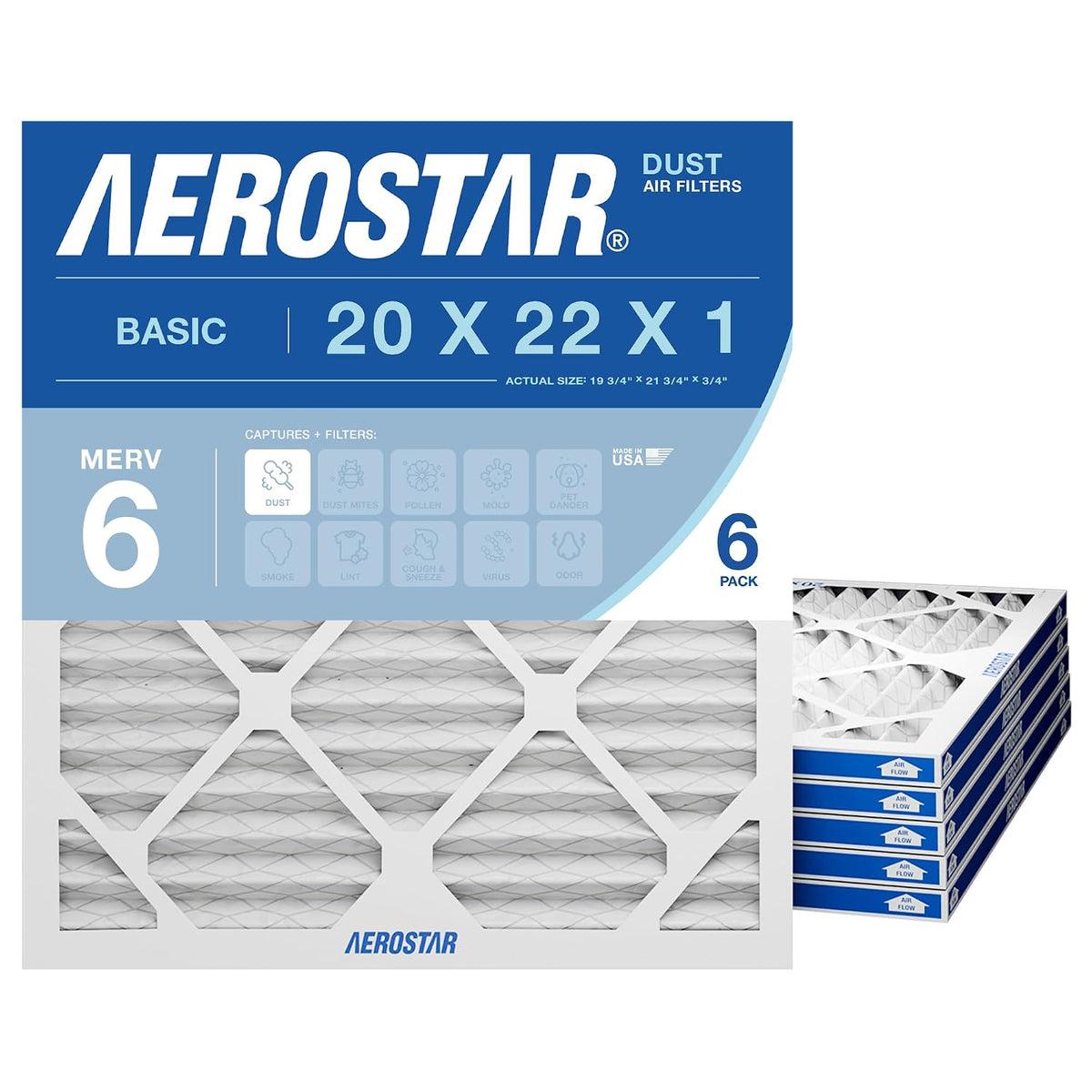 Aerostar Air Filter 20x22x1 MERV 6 AC Filter, HVAC, Furnace Filter, 6 Pack