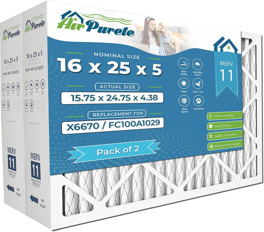 AirPurete 16x25x5 MERV 11 Air Filter FC100A1029, X6670, Pack 2