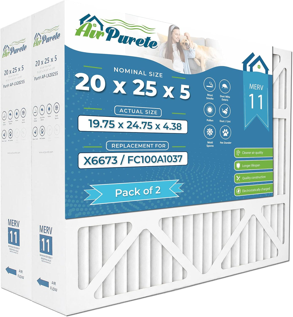 AirPurete 20x25x5 MERV 11 Pleated HVAC AC Furnace Filters, X6673, FC100A1037, 2 Pack