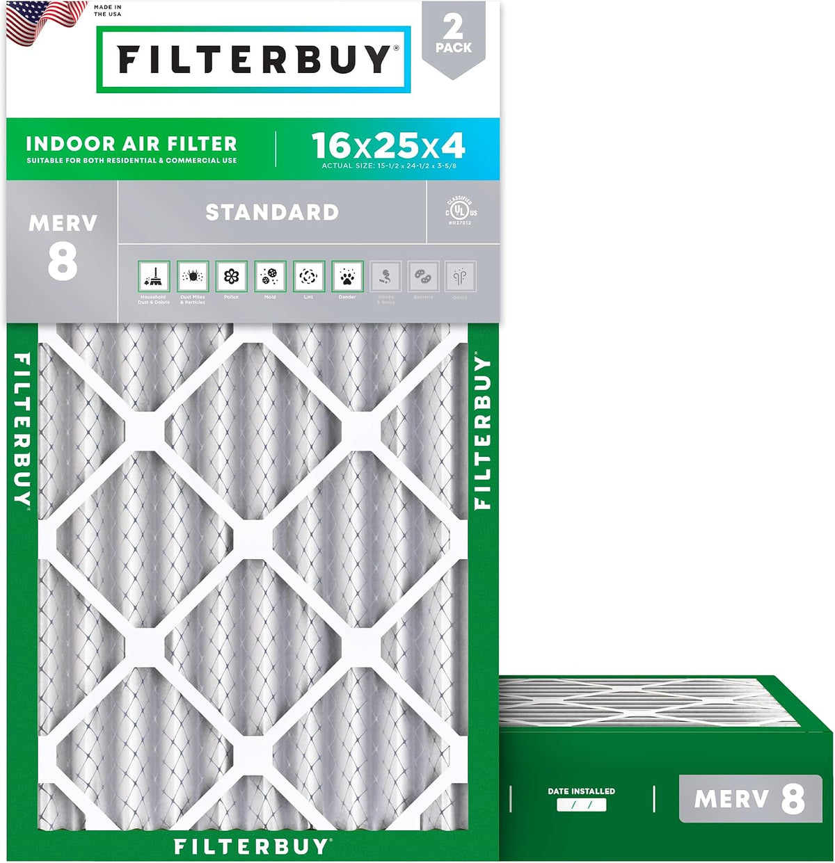 Filterbuy 16x25x4 Air Filter MERV 8 Dust & Allergy Defense (2-Pack)