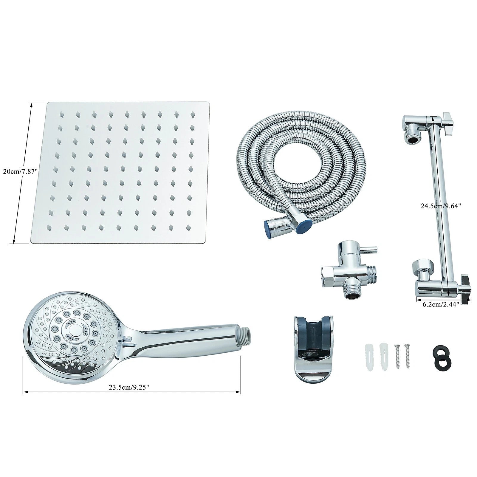 Chrome 8 Inch Rain Shower Head with Handheld Spray Combo. High Pressure. Adjustable Arm. - Fine Filters