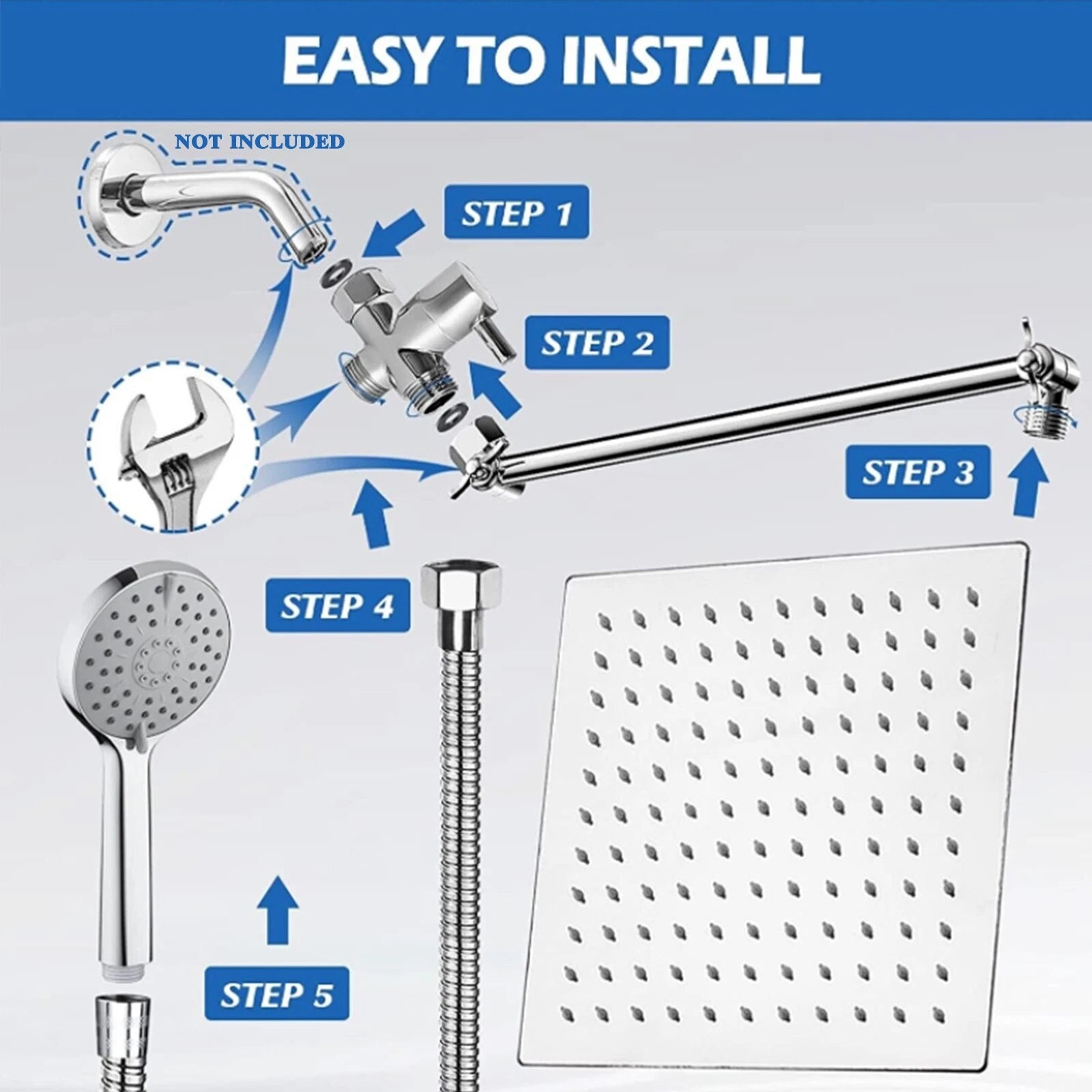 Chrome 8 Inch Rain Shower Head with Handheld Spray Combo. High Pressure. Adjustable Arm. - Fine Filters
