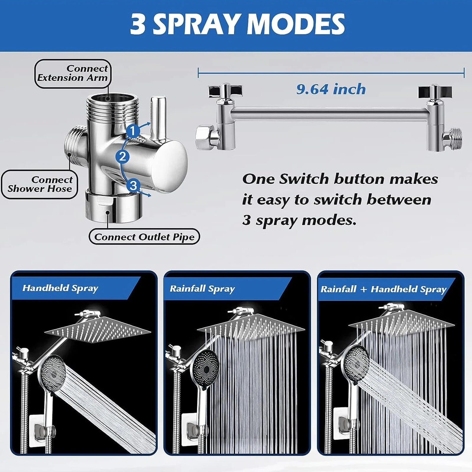 Chrome 8 Inch Rain Shower Head with Handheld Spray Combo. High Pressure. Adjustable Arm. - Fine Filters