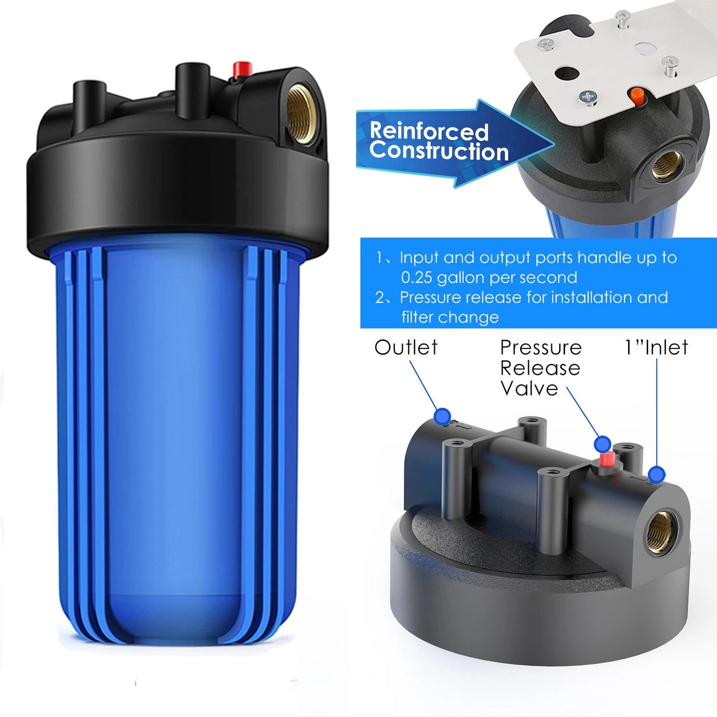 10" x4.5" Big Blue Whole House Water Filter Housing System w/ Sediment Filter - Fine Filters