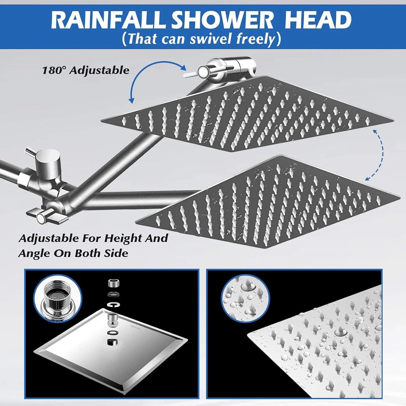 Chrome 8 Inch Rain Shower Head with Handheld Spray Combo. High Pressure. Adjustable Arm. - Fine Filters