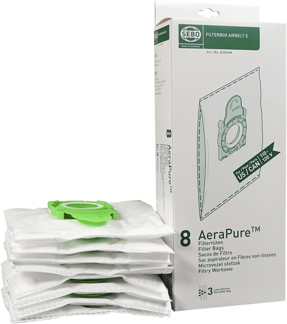 SEBO Filter Bag Box Airbelt E, 8 Three-Layer Ultra Bags with Caps, 8300AM