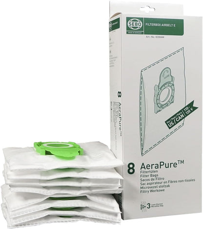 SEBO Filter Bag Box Airbelt E, 8 Three-Layer Ultra Bags with Caps, 8300AM