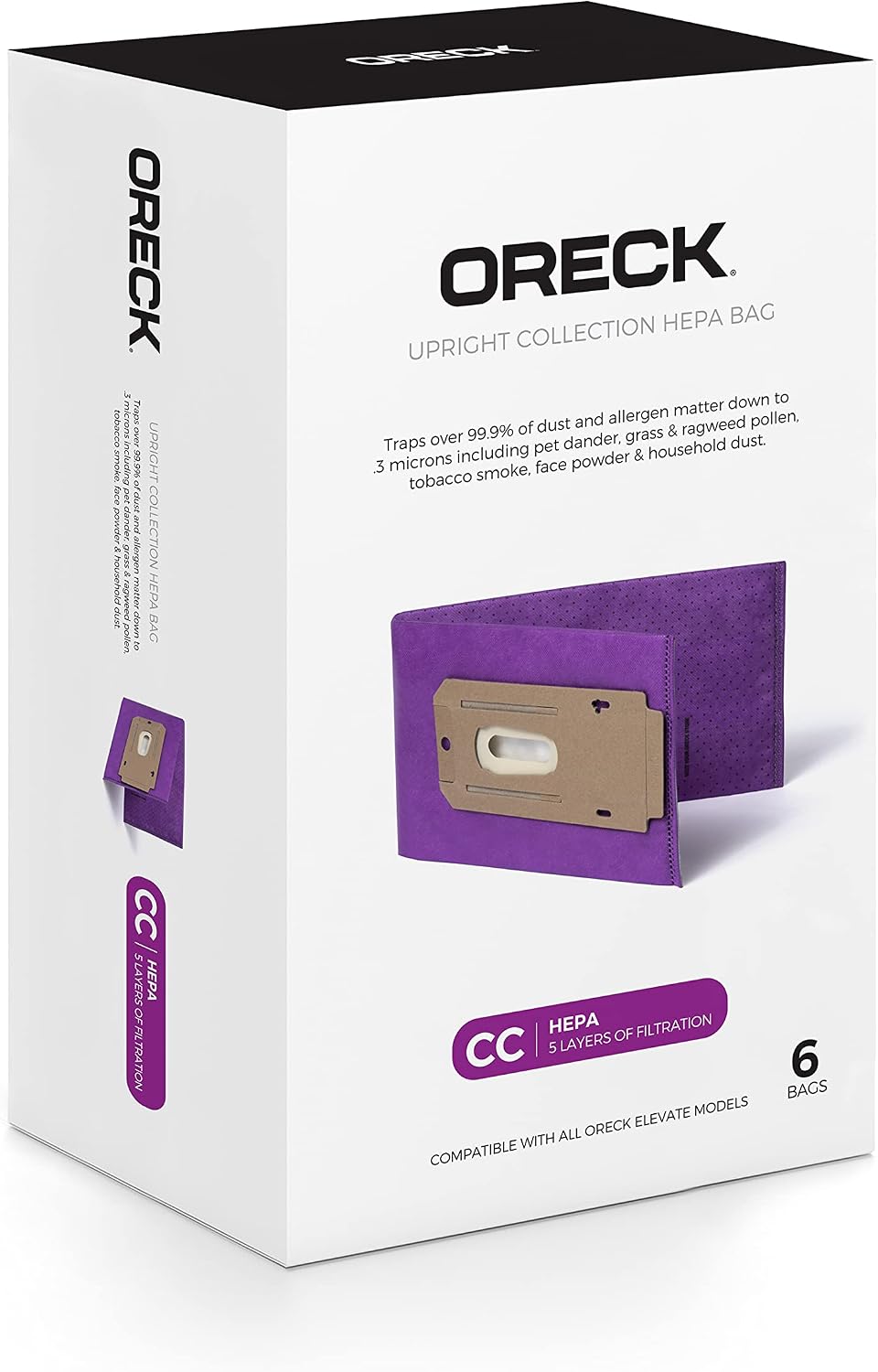 Oreck Vacuum Cleaner Bags for Upright Vacs, Pack of 6, Purple, Type CC