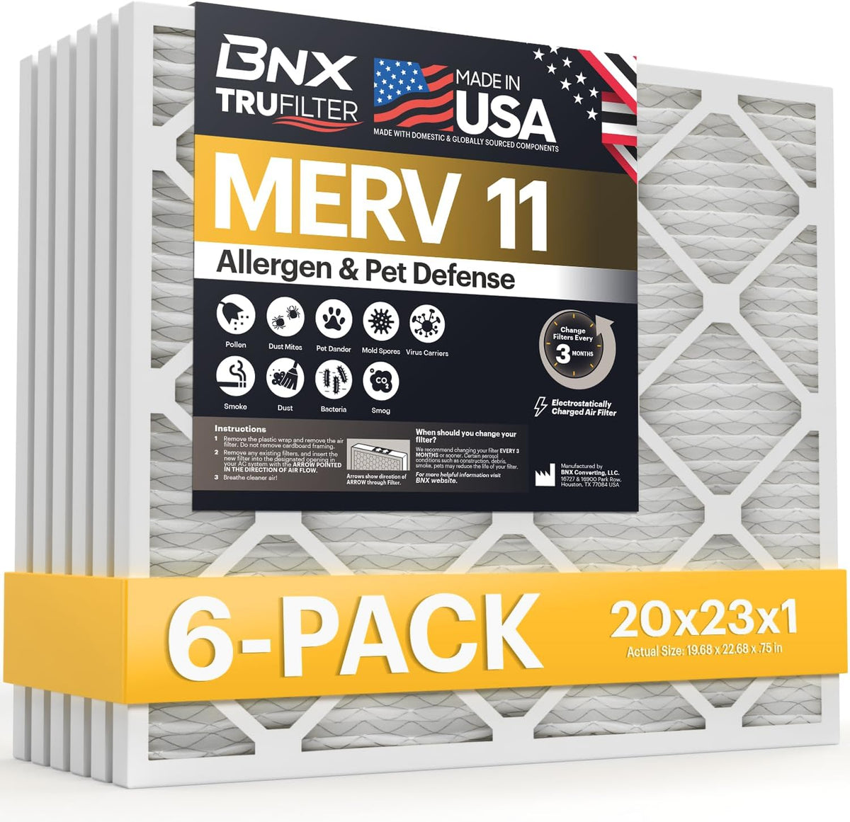 BNX TruFilter 20x23x1 Air Filter MERV 11 HVAC Furnace & AC Filter, 6-Pack