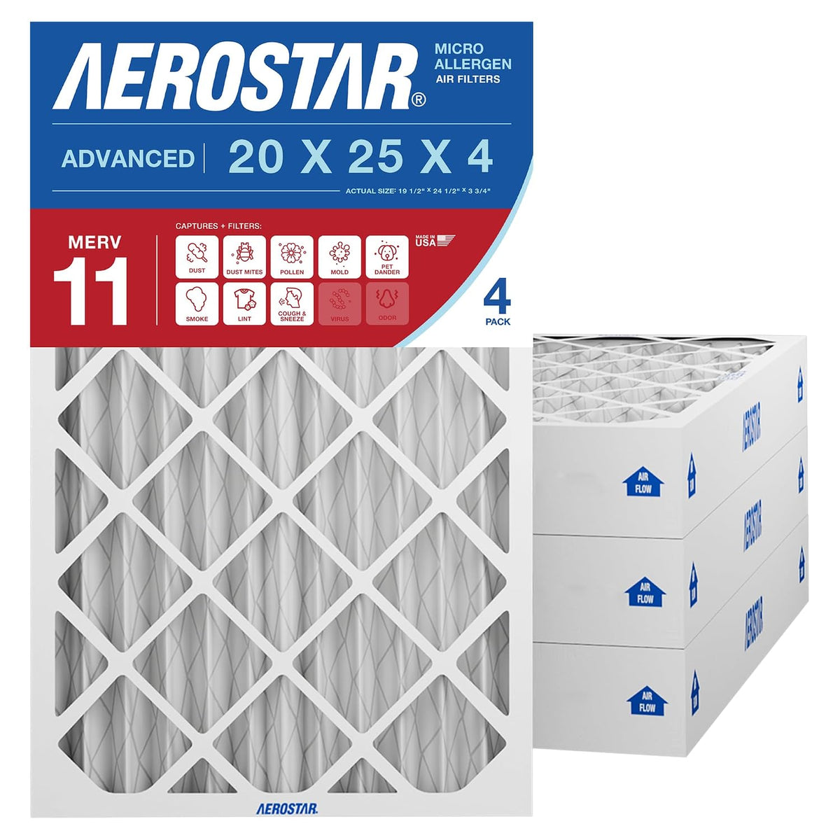 Aerostar Air Filter 20x25x4 MERV 11 AC Filter, HVAC, Furnace Filter, 4 Pack