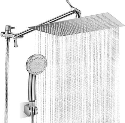 Chrome 8 Inch Rain Shower Head with Handheld Spray Combo. High Pressure. Adjustable Arm. - Fine Filters