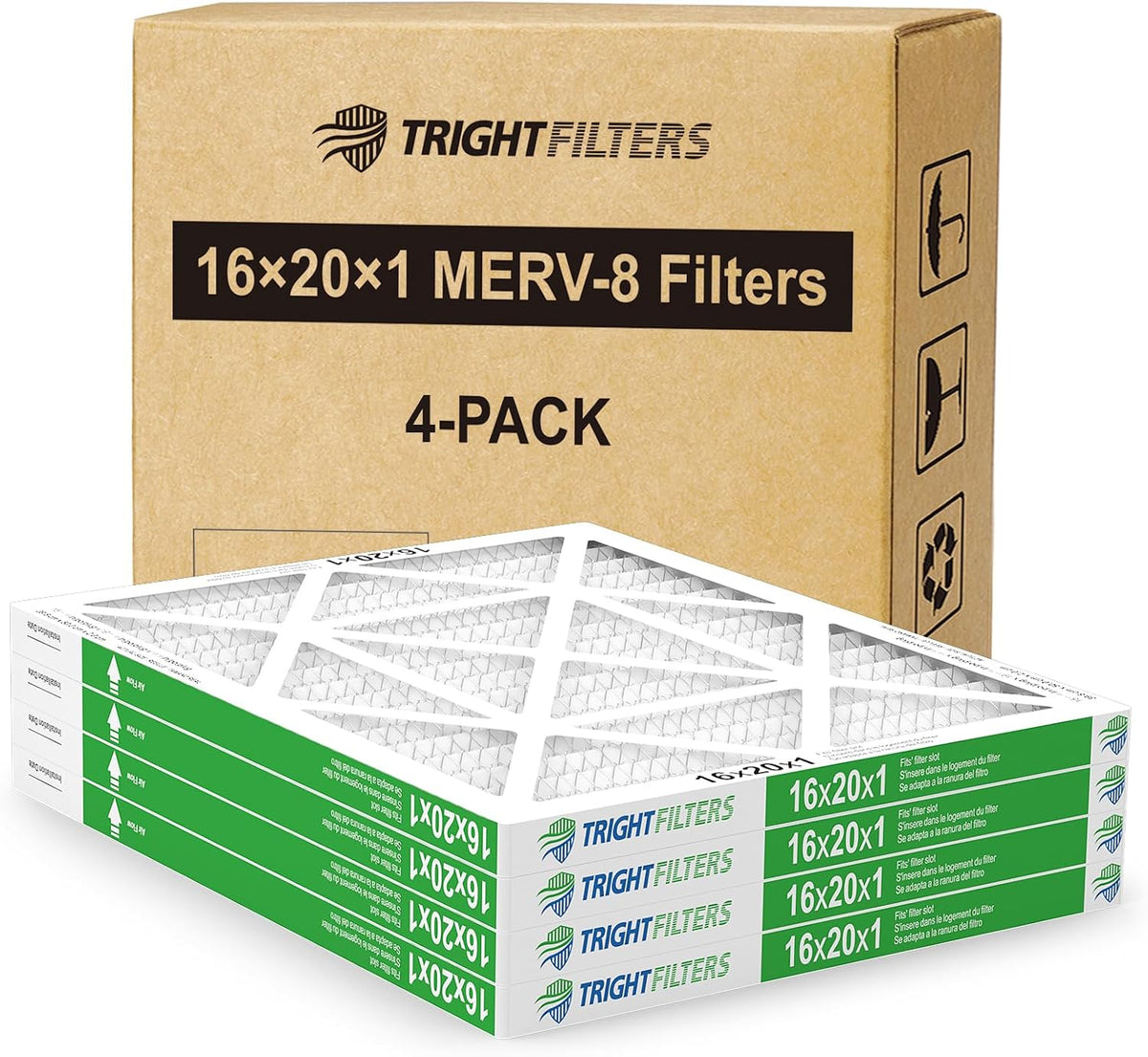 TRIGHTFILTERS 16x20x1 Air Filter Pleated HVAC Furnace and AC Filters, MERV 8, 4 Pack